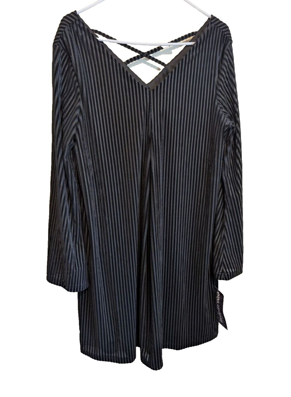 Nina Leonard Dress Black Velvet Ribbed Flare Sleeve Size Large